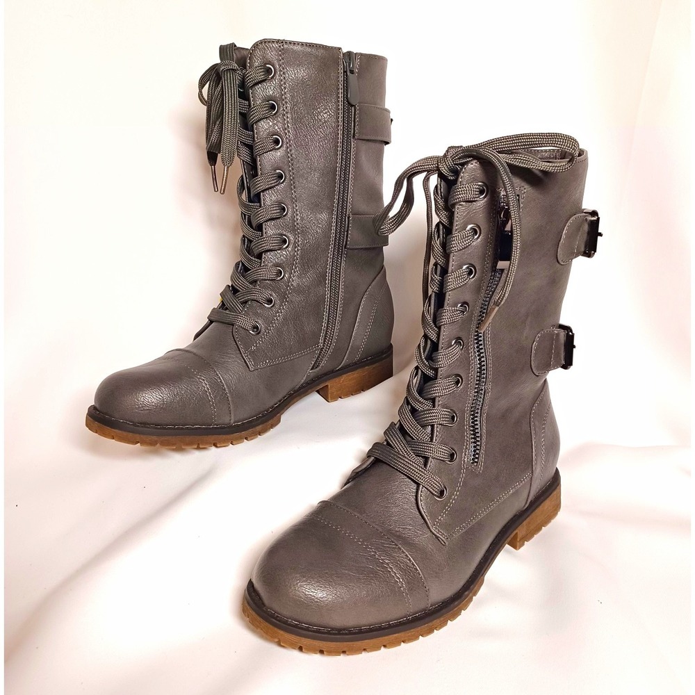 DREAM PAIRS Women Gray Leather Combat Mid-Calf Boots 6 Lace Zip Buckle Gorp Edgy